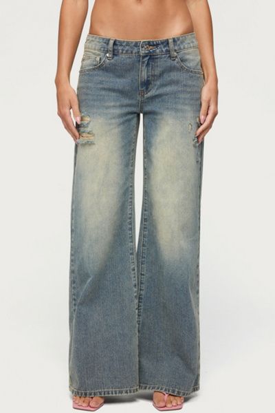 Edikted Edikted Noor Distressed Low Rise Baggy Jeans in Blue/Vintage/Washed, Women's at Urban Outfitters