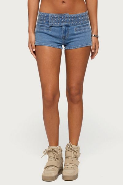 Edikted Edikted Odetta Studded Low Rise Denim Shorts in Light/Blue, Women's at Urban Outfitters