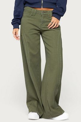Edikted Edikted Pascale Stitched Low Rise Wide Leg Jeans in Olive, Women's at Urban Outfitters