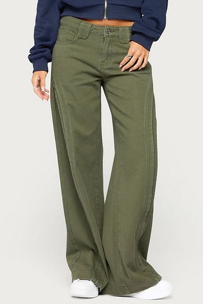Edikted Edikted Pascale Stitched Low Rise Wide Leg Jeans in Olive, Women's at Urban Outfitters