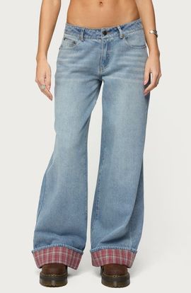 EDIKTED EDIKTED Plaid Cuff Baggy Jeans