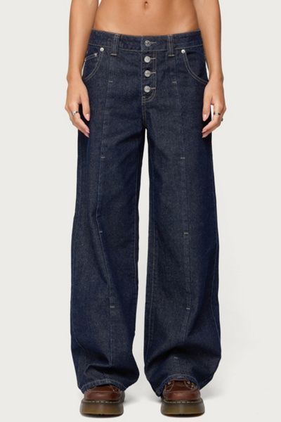 Edikted Edikted Polley Button Up Low Rise Baggy Jeans in Dark/Blue/Washed, Women's at Urban Outfitters