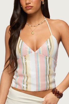 Edikted Edikted Raquel Sequin Striped Halter Top in White, Women's at Urban Outfitters