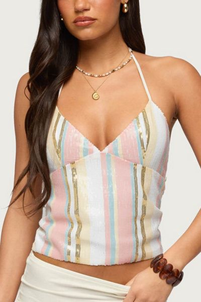 Edikted Edikted Raquel Sequin Striped Halter Top in White, Women's at Urban Outfitters