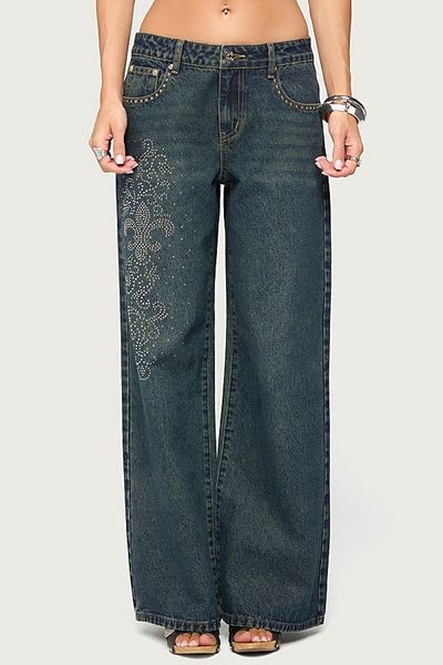 Edikted Edikted Rhinestone Graphic Low Rise Baggy Jeans in Twilight/Blue, Women's at Urban Outfitters