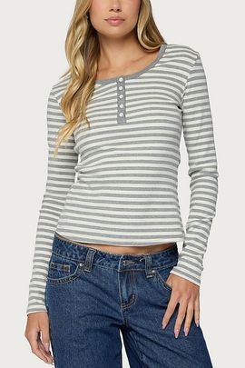 Edikted Edikted Roma Striped Henley Top in Gray/Melange, Women's at Urban Outfitters
