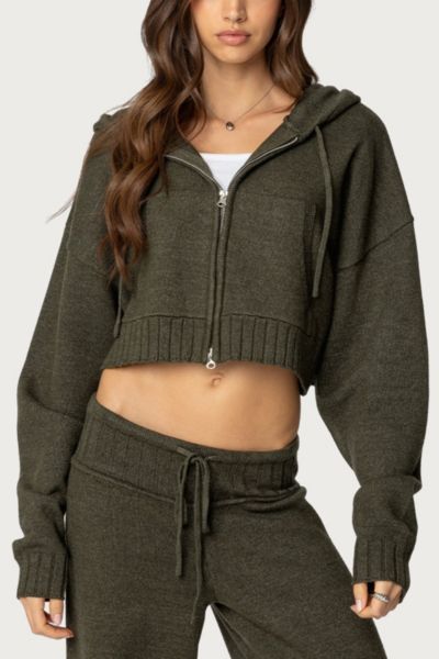 Edikted Edikted Russell Knit Hooded Cardigan in Olive, Women's at Urban Outfitters