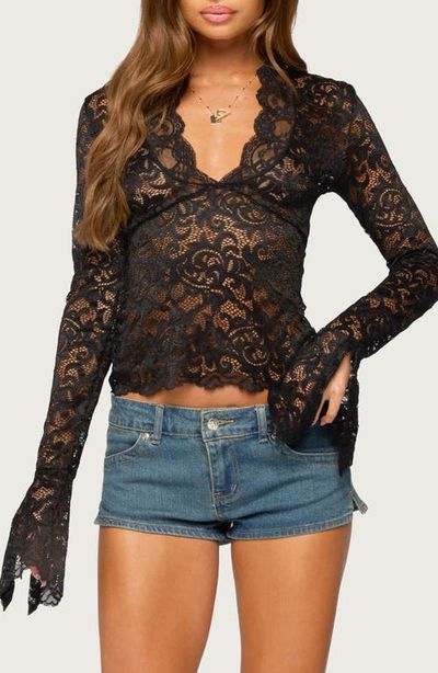 EDIKTED Sheer Lace Bell Sleeve Crop Top