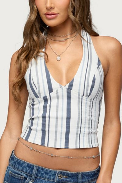 Edikted Edikted Sofey Striped Denim Halter Top in Mix, Women's at Urban Outfitters