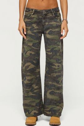 Edikted Edikted Soya Camo Low Rise Baggy Jeans in Olive/Washed, Women's at Urban Outfitters