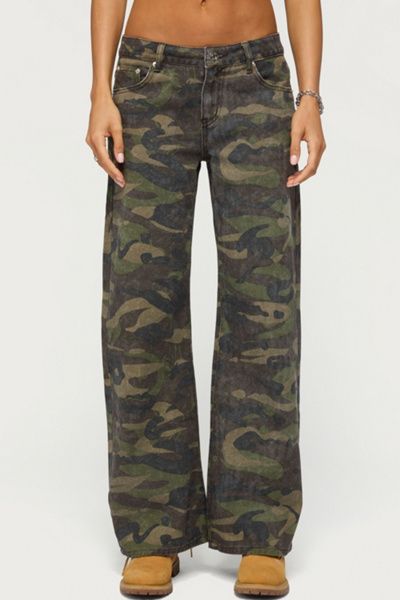Edikted Edikted Soya Camo Low Rise Baggy Jeans in Olive/Washed, Women's at Urban Outfitters