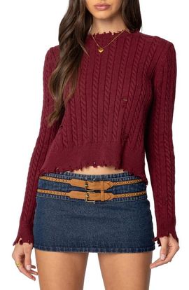 EDIKTED EDIKTED Split Back Cable Stitch Crewneck Sweater