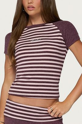 Edikted Edikted Stay Edikted Stripey Raglan T Shirt Top in Burgundy, Women's at Urban Outfitters