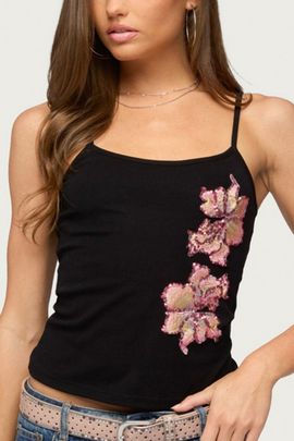 Edikted Edikted Sylvanna Sequin Flower Tank Top in Black, Women's at Urban Outfitters
