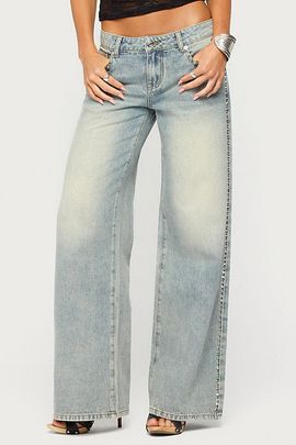 Edikted Edikted Teala Studded Low Rise Baggy Jeans in Light/Blue/Washed, Women's at Urban Outfitters