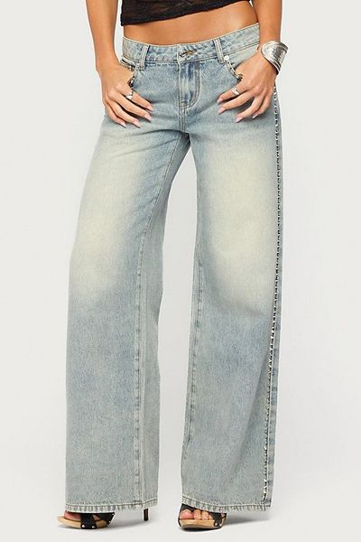 Edikted Edikted Teala Studded Low Rise Baggy Jeans in Light/Blue/Washed, Women's at Urban Outfitters