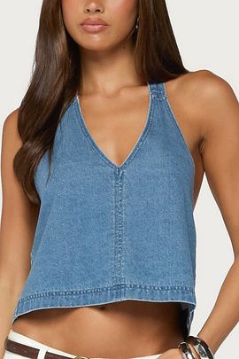 Edikted Edikted Teddie Backless Denim Halter Top in Blue/Washed, Women's at Urban Outfitters