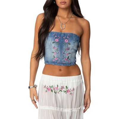 EDIKTED EDIKTED Tula Floral Embroidered Strapless Denim Corset Top