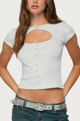 Edikted Edikted Tyla Button Up Keyhole Cutout Top in Light/Gray/Melange, Women's at Urban Outfitters