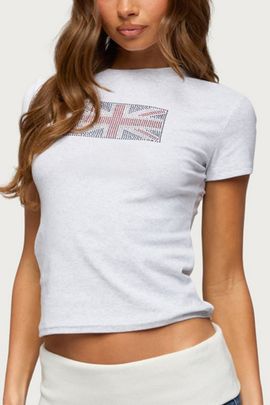 Edikted Edikted UK Girl Rhinestone T Shirt Top in Light/Gray/Melange, Women's at Urban Outfitters