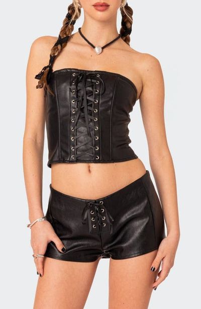 EDIKTED Wilde Faux Leather Lace-Up Strapless Corset Top