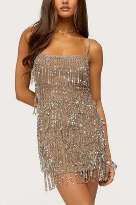 Edikted Edikted Yaffah Beaded Fringe Mini Dress in Brown, Women's at Urban Outfitters