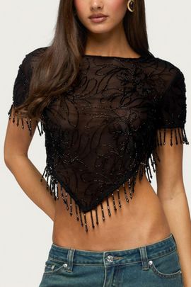 Edikted Edikted Yanna Beaded Fringe Poncho Top in Black, Women's at Urban Outfitters