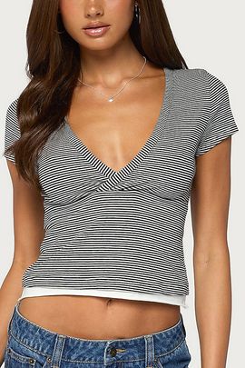 Edikted Edikted Yannah Striped Layered V Neck Top in Black/And/White, Women's at Urban Outfitters