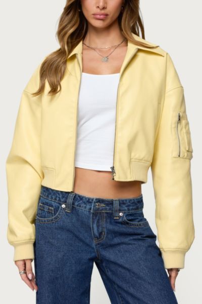 Edikted Edikted Zayna Cropped Faux Leather Bomber Jacket in Yellow, Women's at Urban Outfitters