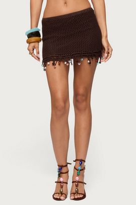 Edikted Edikted Zeinab Bead Fringe Crochet Mini Skirt in Brown, Women's at Urban Outfitters