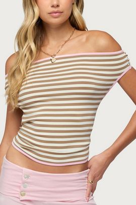 Edikted Edikted Zory Striped Backless Off Shoulder Top in Brown/And/Cream, Women's at Urban Outfitters