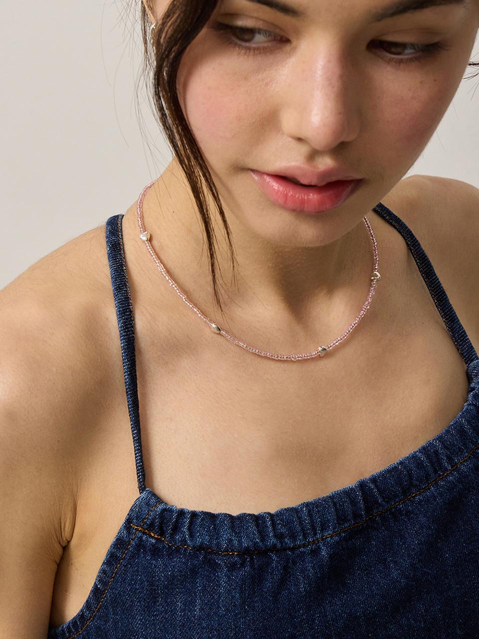 eenie beenie Heart and Pink Beads Silver Necklace ENJ24NW003