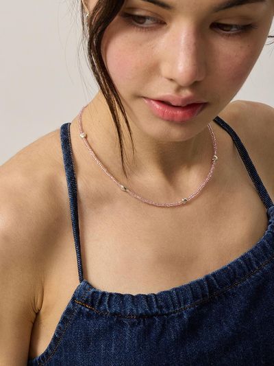 eenie beenie Heart and Pink Beads Silver Necklace ENJ24NW003