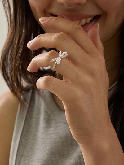 eenie beenie Pearl Bead Ribbon Silver Ring ENJ24RW006