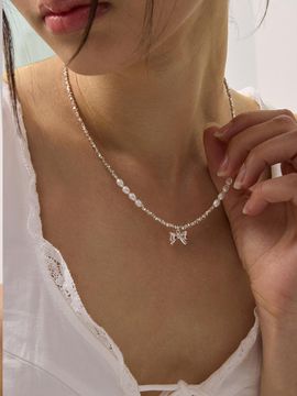 eenie beenie Ribbon Tie Freshwater Pearl Silver Necklace ENJ24N
