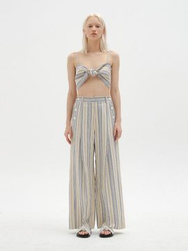 EENK Italian Cotton-Acetate Wide-Leg Side Button Pants [Ivory/Blue Stripe]