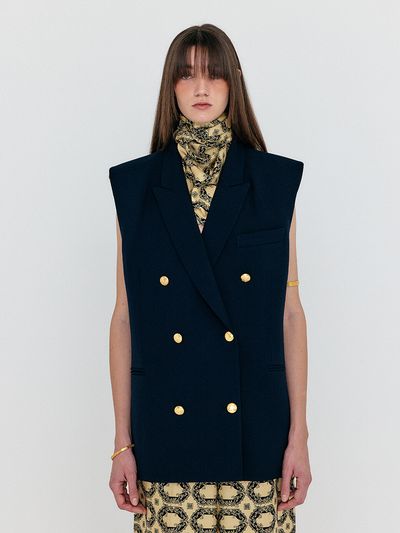 EENK Oversized Double Breasted Vest with Scarf_Navy
