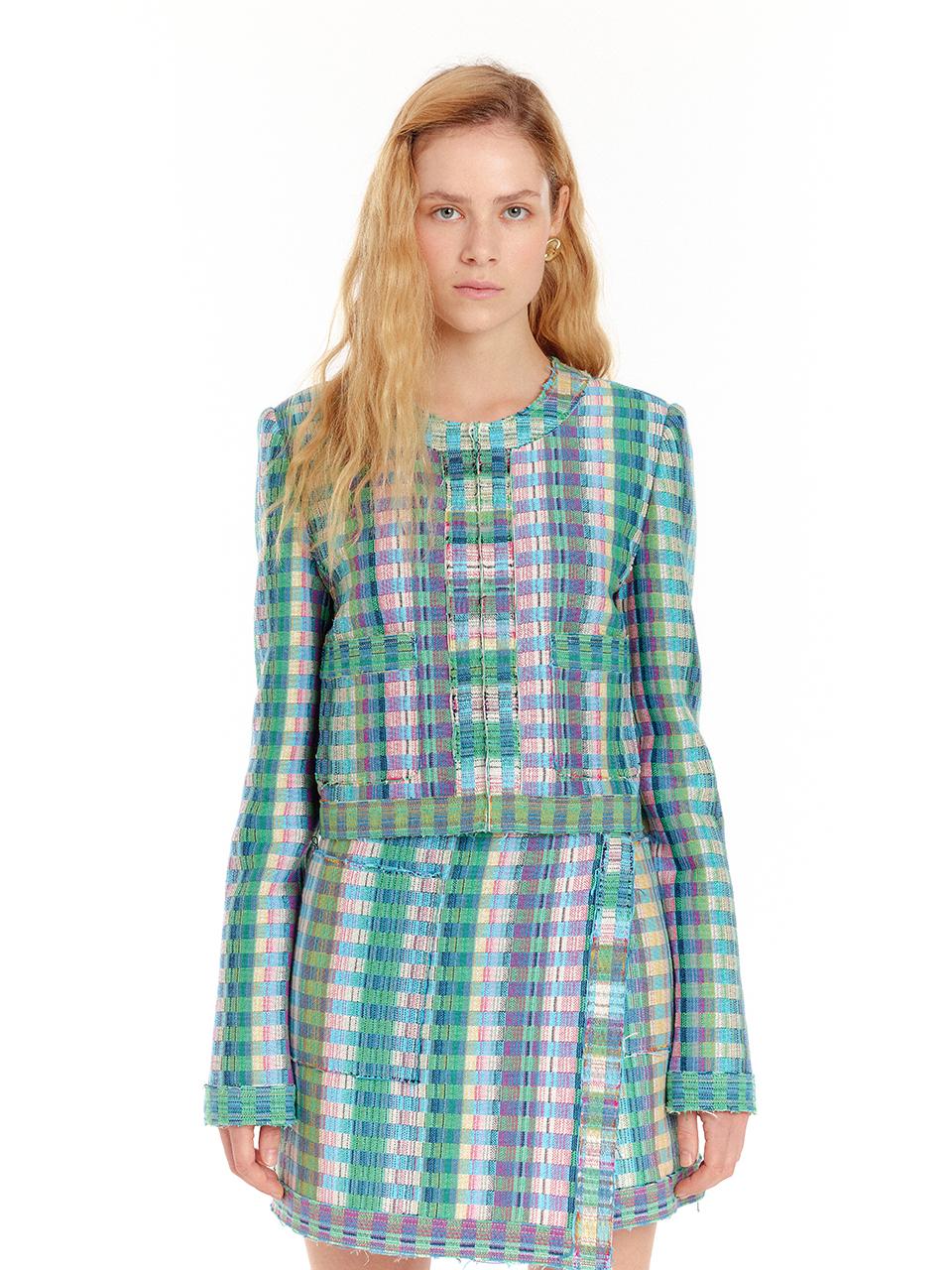 EENK UEM Panneled Check Short Jacket - Green Multi