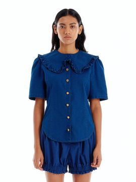 EENK UJENNY Frilled Collar Denim Shirt (Denim Blue)