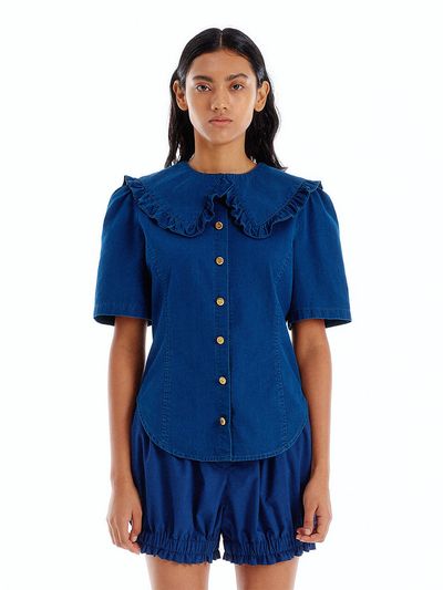 EENK UJENNY Frilled Collar Denim Shirt (Denim Blue)