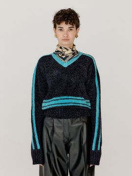 EENK Varina Paneled Knit Pullover _ Navy Sky Blue