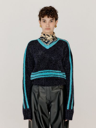 EENK Varina Paneled Knit Pullover _ Navy Sky Blue
