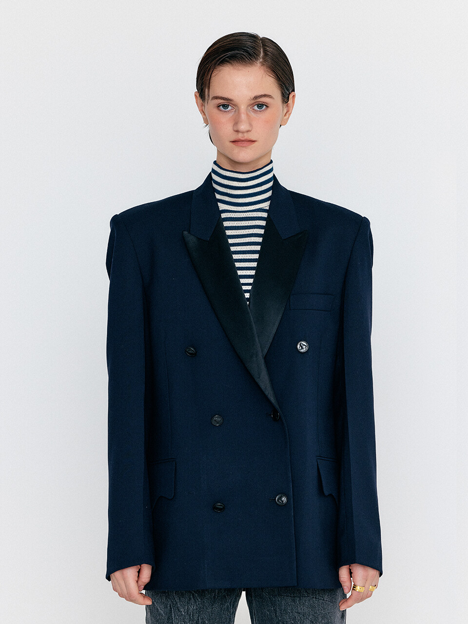 EENK WEIDA Double Breasted Peaked Blazer_Navy_Black