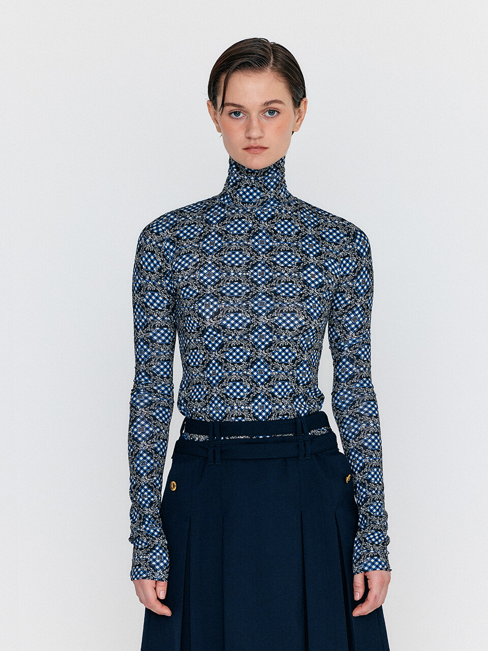 EENK WOL Patterned Mock Neck Top_Navy Multi