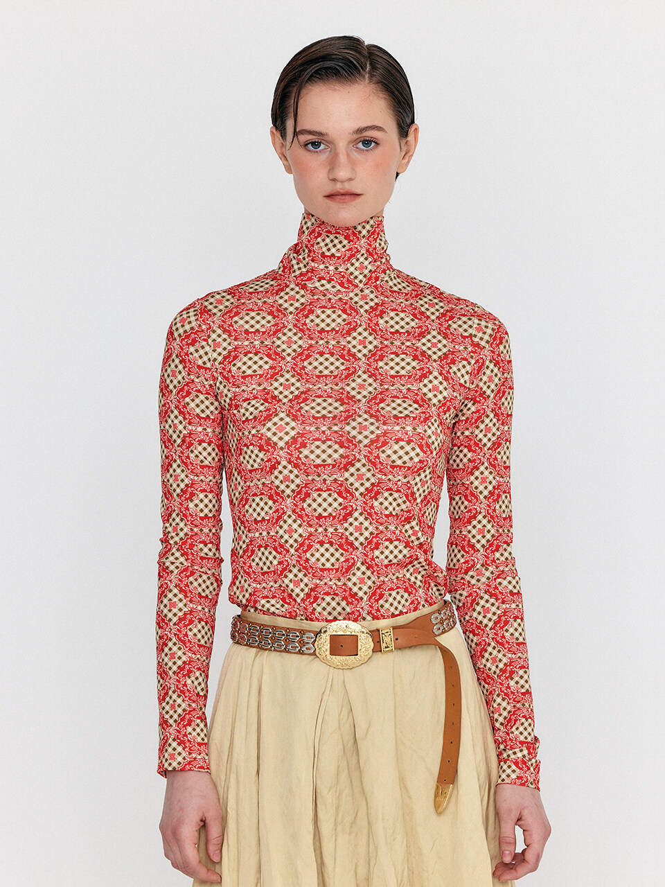 EENK WOL Patterned Mock Neck Top_Red Multi