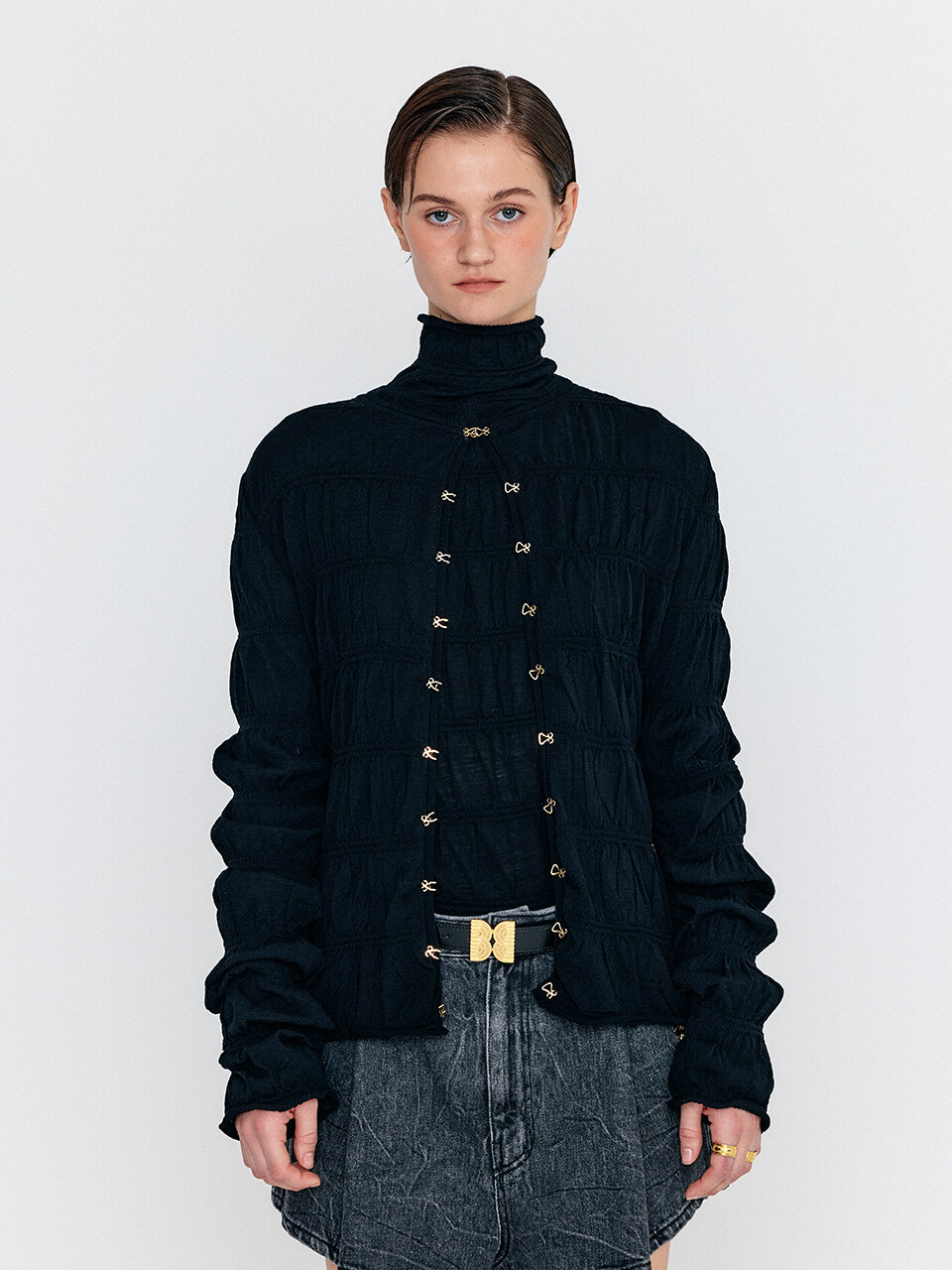 EENK WOLLYN Shirred Knit Cardigan_Black