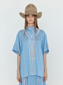 EENK WOVIA Short Sleeve Scarf Blouse_Skyblue Stripe