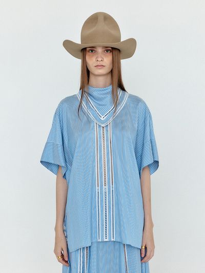 EENK WOVIA Short Sleeve Scarf Blouse_Skyblue Stripe