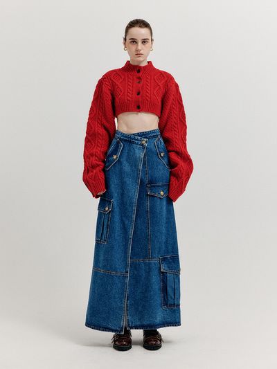 EENK Xicor Cargo Maxi Denim Wrap Skirt - Blue