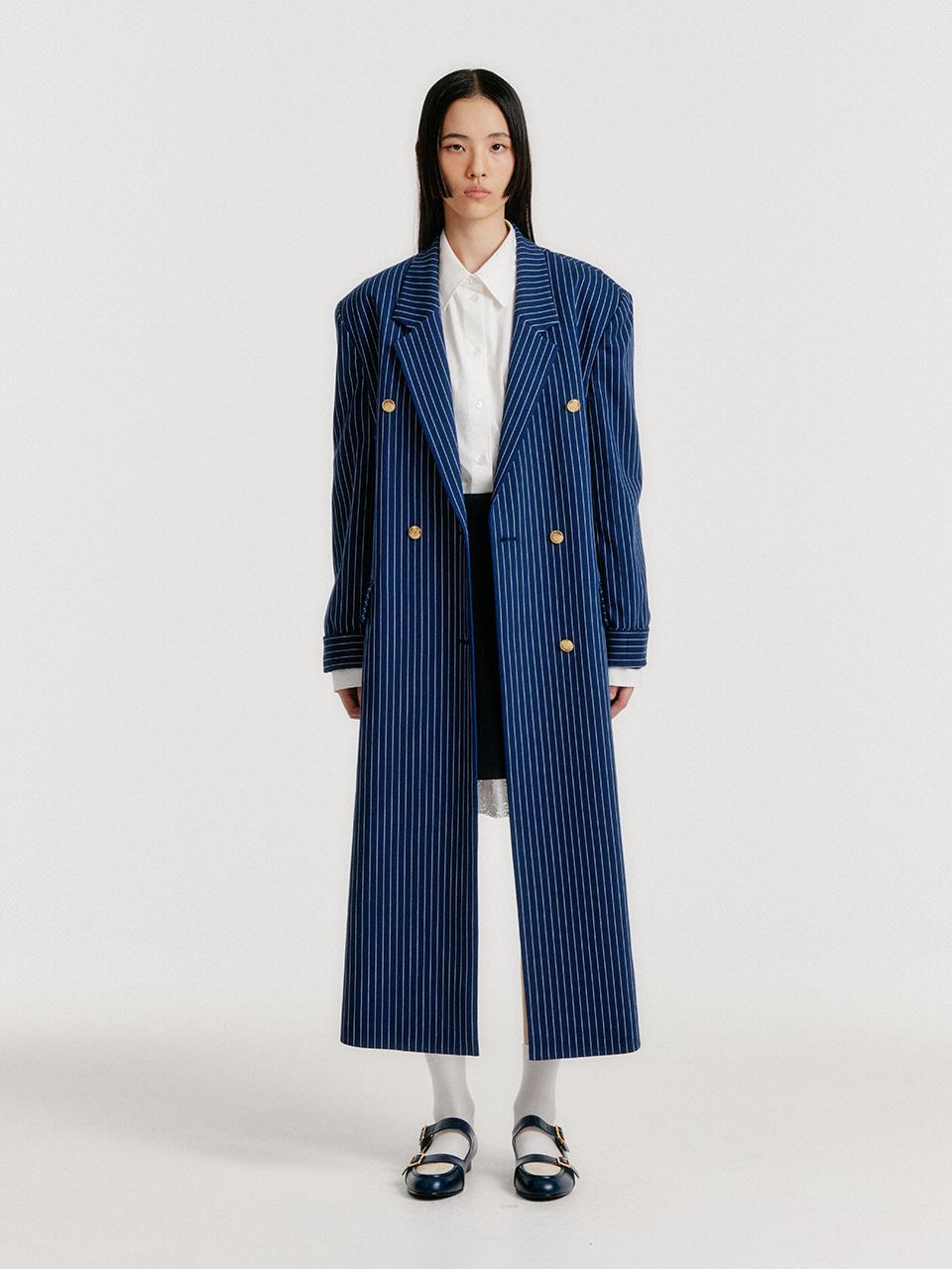 EENK YENNA Asymmetric Long Jacket - Navy Stripe